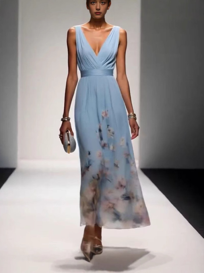 ✨Elegant Chiffon Floral Print V-neck Maxi Dress✨