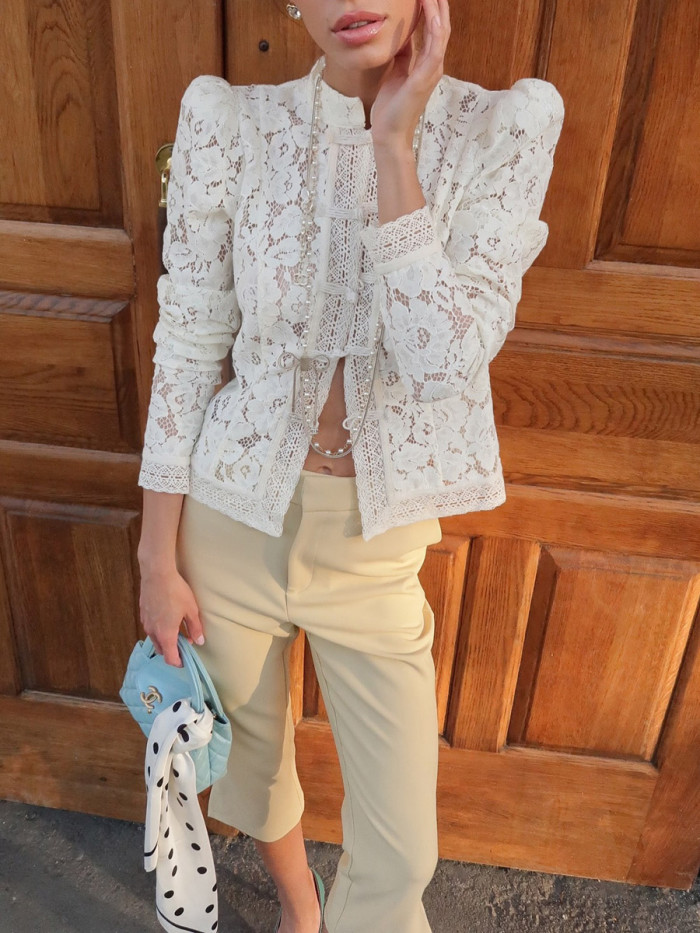 ✨Split-Joint Solid Knot Hollow Crochet Stand Collar Long Sleeve Blouse✨
