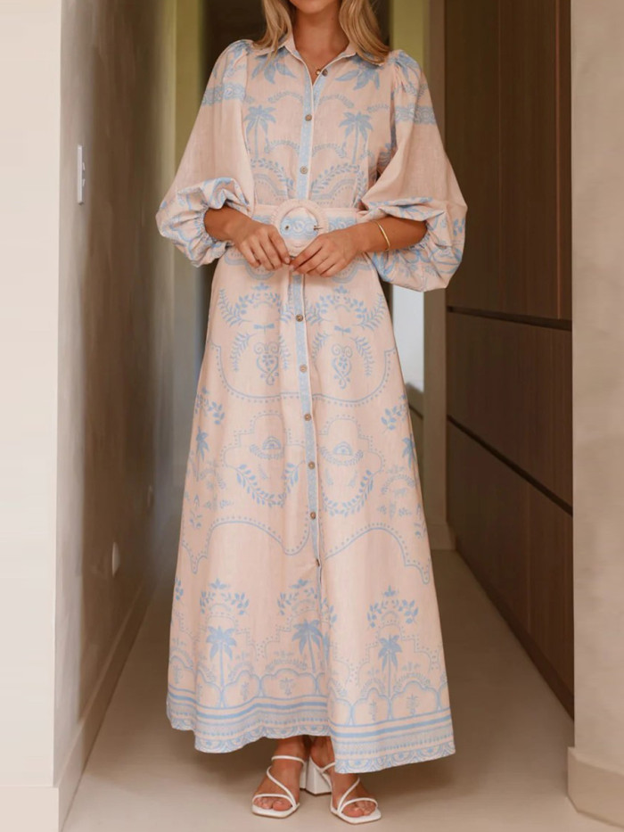 ✨Contrast Print Split Belted Puff Sleeve Shirt Maxi Dress✨