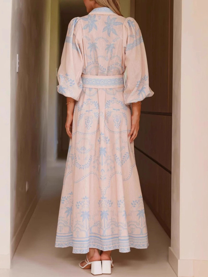 ✨Contrast Print Split Belted Puff Sleeve Shirt Maxi Dress✨