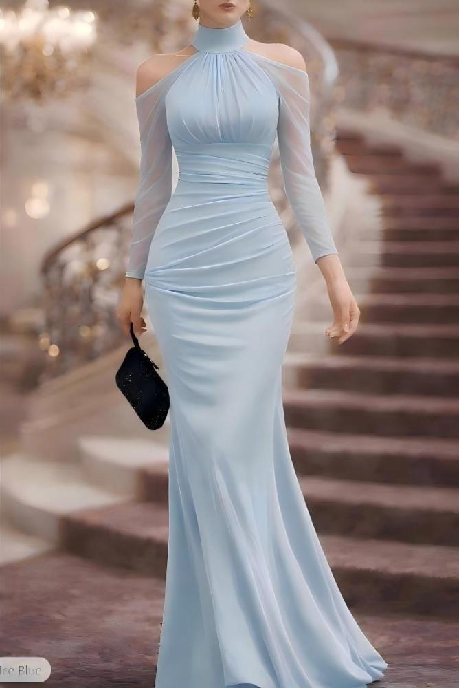 ✨Solid Color Sheer Pleated Mock Neck Maxi Dress✨