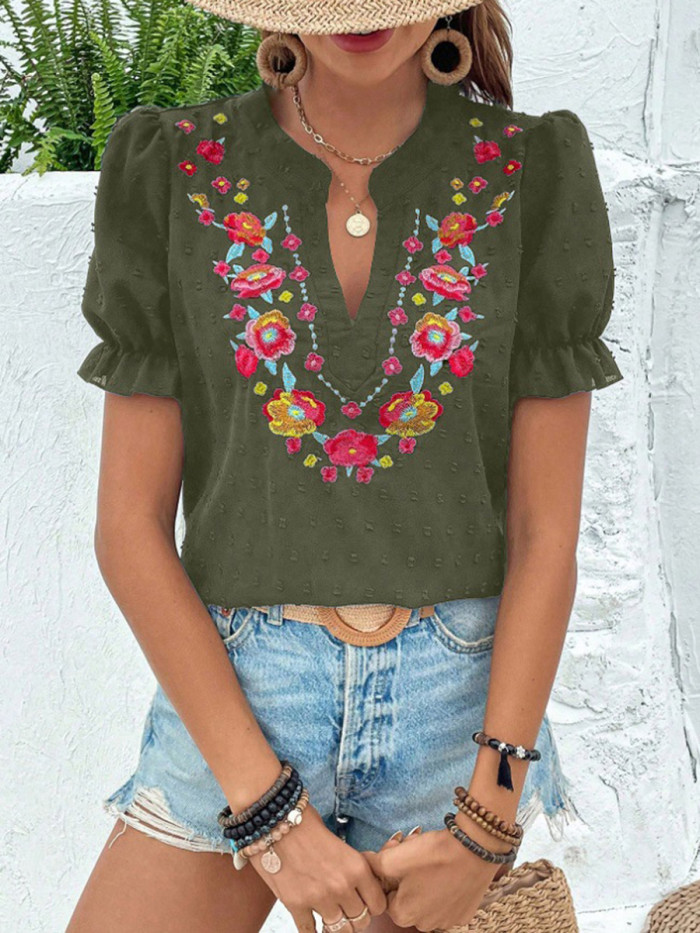 ✨Split-Joint Contrast Jacquard Flower Embellished Puff Sleeve V Neck Tee✨