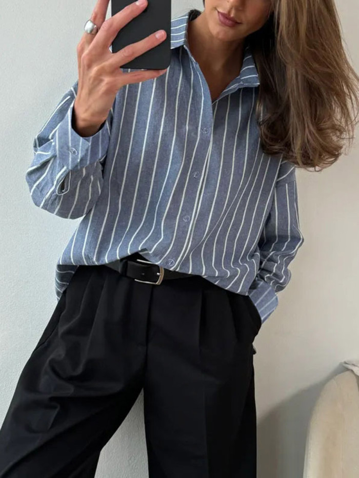 ✨Striped Split-Joint Contrast Button Lapel Long Sleeve Blouse✨