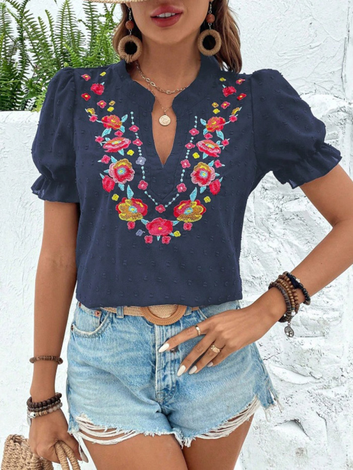 ✨Split-Joint Contrast Jacquard Flower Embellished Puff Sleeve V Neck Tee✨