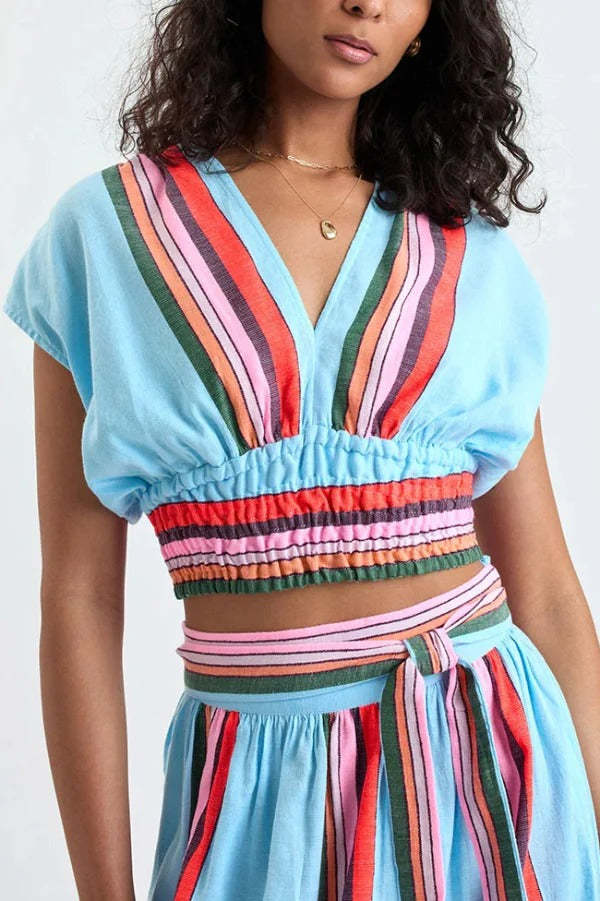 ✨Striped V-Neck Cropped Top & Elastic Waist Maxi Skirt Set✨