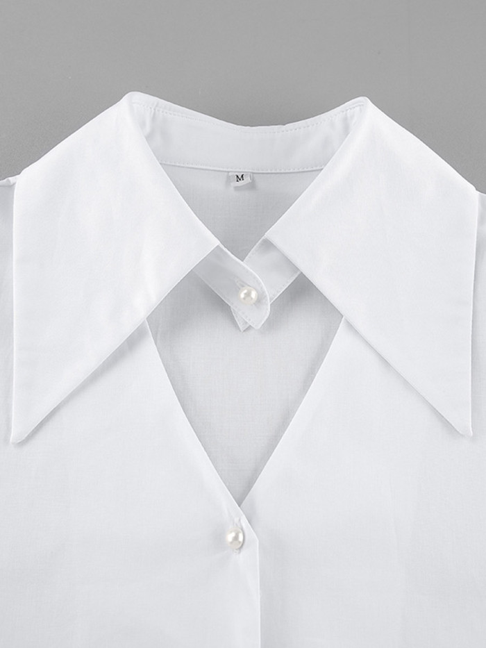 ✨Split-Joint Solid Pleated Hollow Button Lapel Long Sleeve Blouse✨