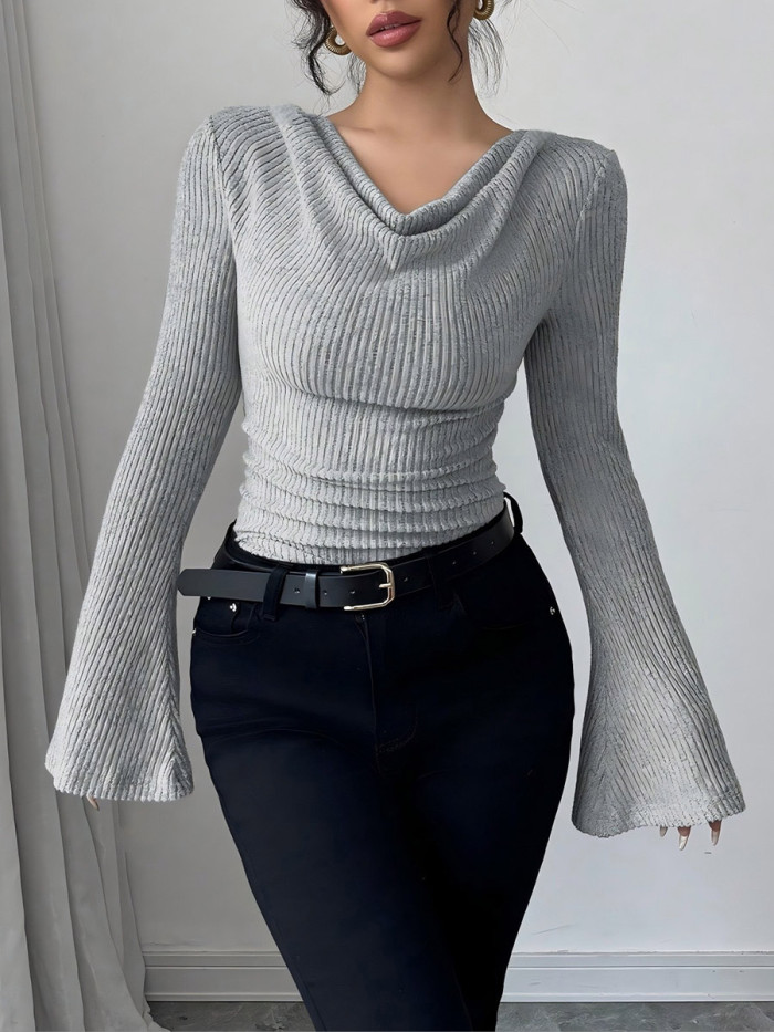 ✨Solid Ribbed Knit Pleated Irregular Mock Neck Long Sleeve Top✨