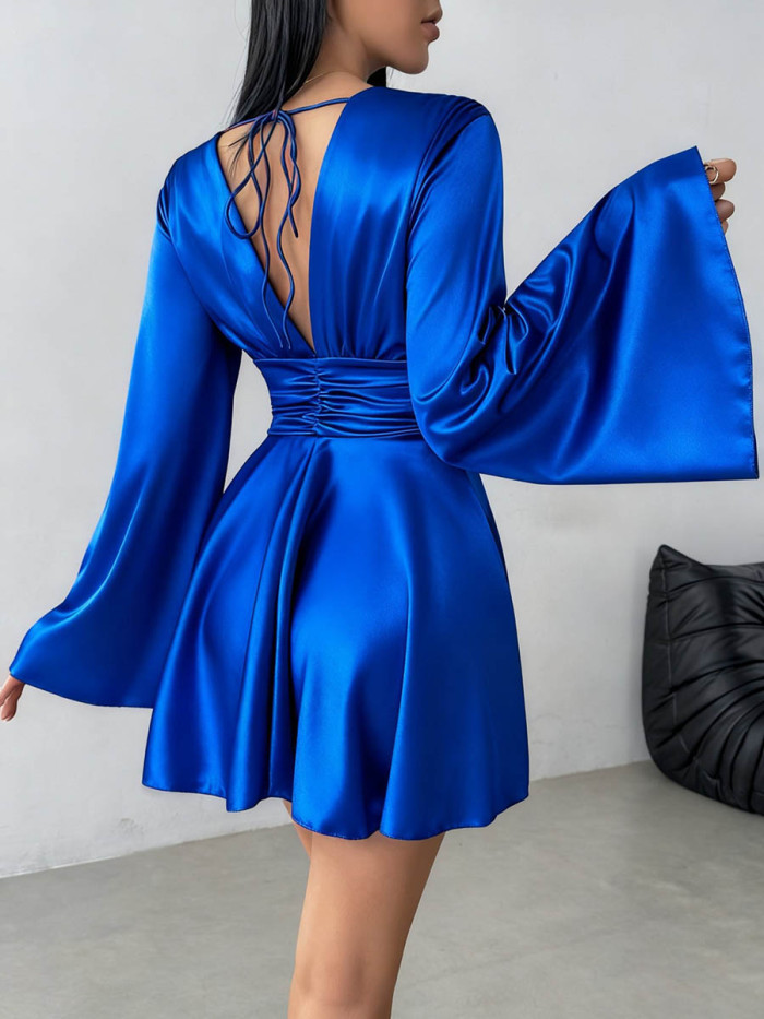✨Solid Color Long Sleeve Deep V-Neck Mini Dress✨