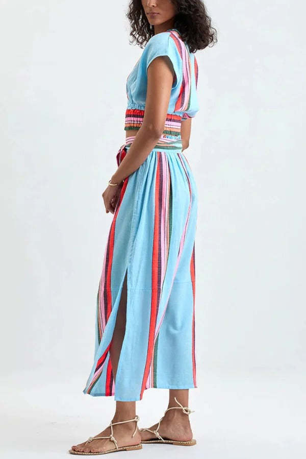 ✨Striped V-Neck Cropped Top & Elastic Waist Maxi Skirt Set✨