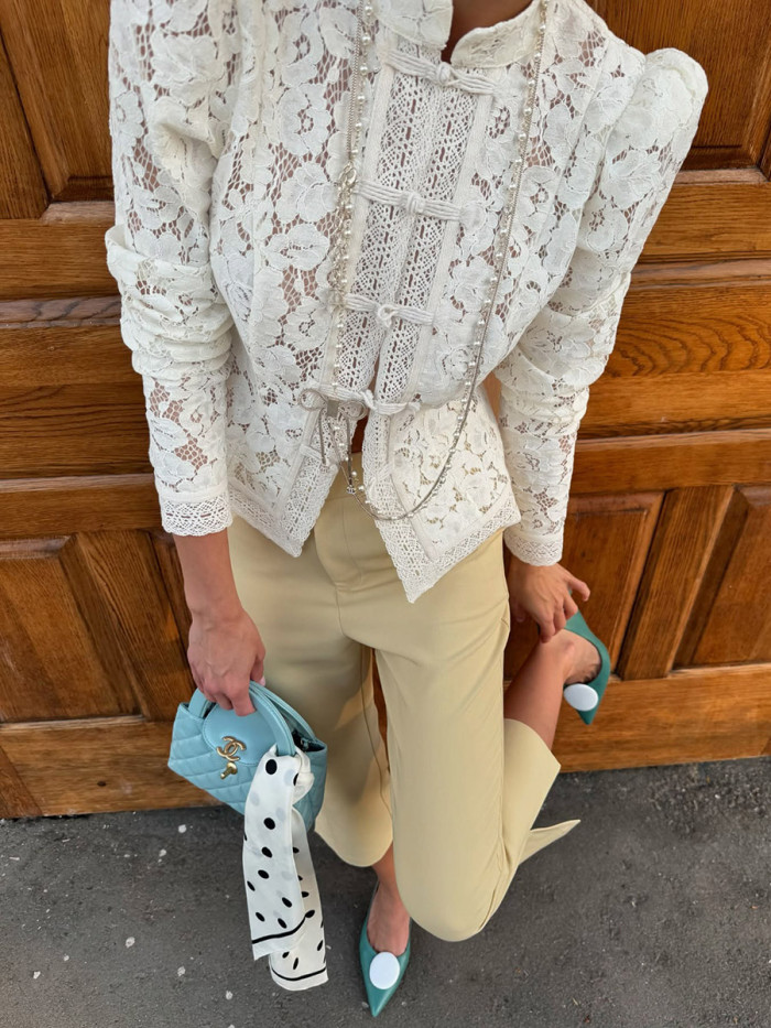 ✨Split-Joint Solid Knot Hollow Crochet Stand Collar Long Sleeve Blouse✨