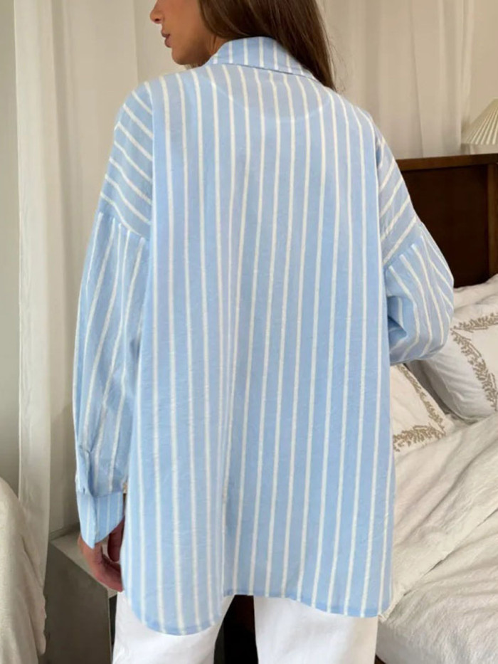 ✨Striped Split-Joint Contrast Button Lapel Long Sleeve Blouse✨