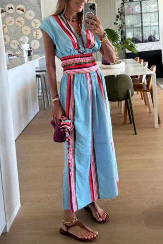 ✨Striped V-Neck Cropped Top & Elastic Waist Maxi Skirt Set✨