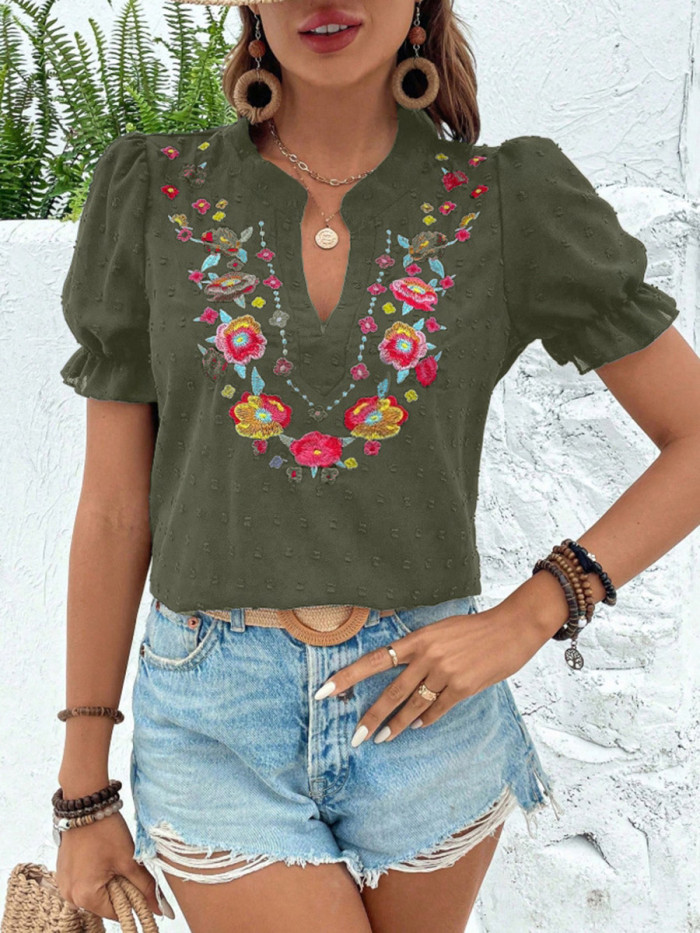 ✨Split-Joint Contrast Jacquard Flower Embellished Puff Sleeve V Neck Tee✨