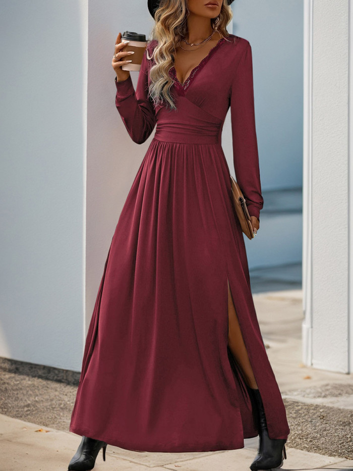 ✨Split-Side Solid Pleated V-Neck A-Line Maxi Dress✨