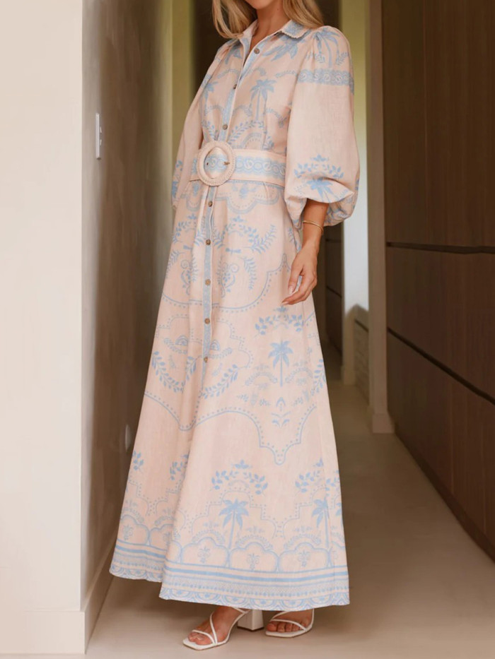 ✨Contrast Print Split Belted Puff Sleeve Shirt Maxi Dress✨