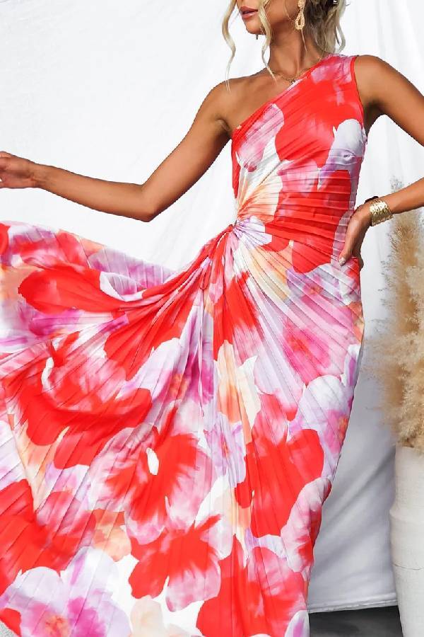 ✨Tied Waist Pleated Printed One Shoulder Sleeveless Dress✨