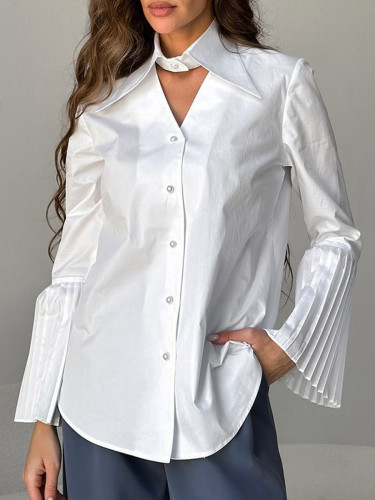 ✨Split-Joint Solid Pleated Hollow Button Lapel Long Sleeve Blouse✨