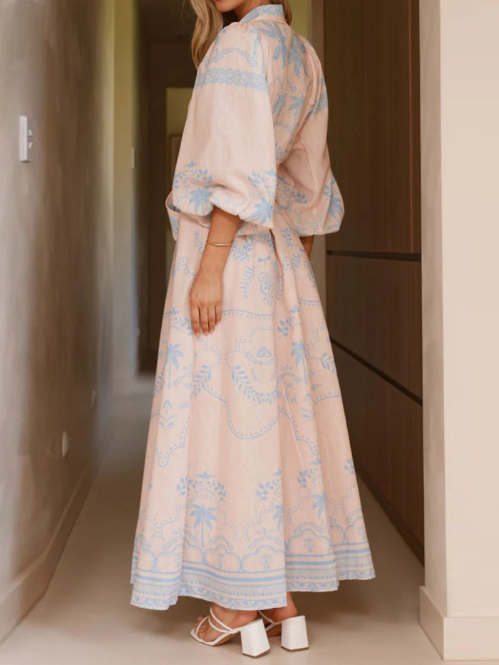 ✨Contrast Print Split Belted Puff Sleeve Shirt Maxi Dress✨