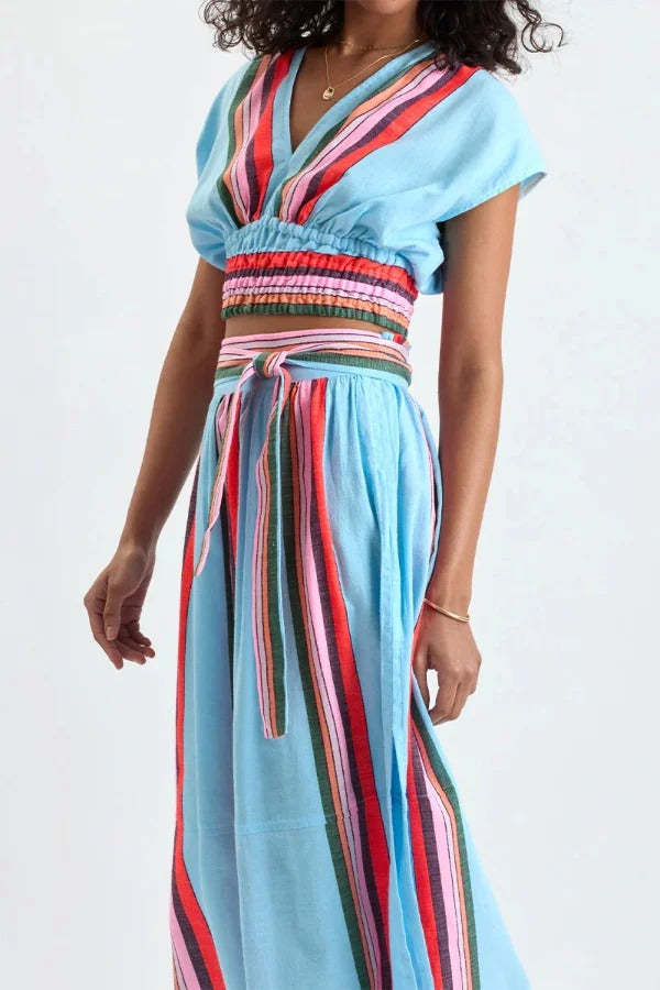 ✨Striped V-Neck Cropped Top & Elastic Waist Maxi Skirt Set✨