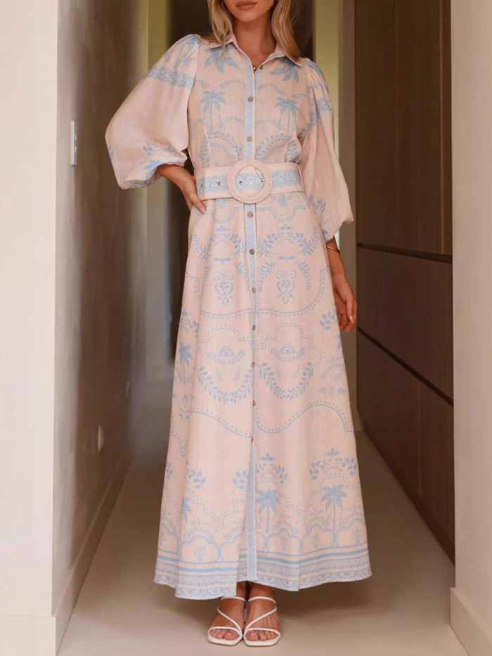 ✨Contrast Print Split Belted Puff Sleeve Shirt Maxi Dress✨