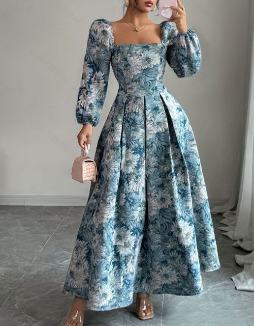 ✨Split-Joint Pleated Floral Contrast Puff Sleeve Maxi Dress✨