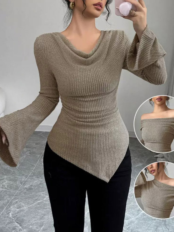 ✨Solid Ribbed Knit Pleated Irregular Mock Neck Long Sleeve Top✨