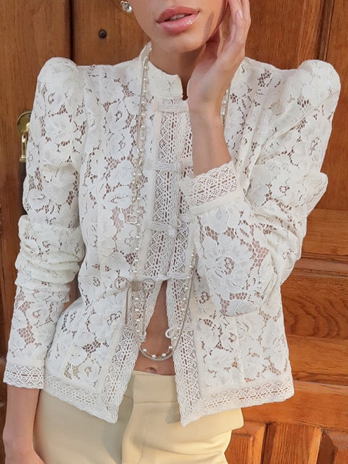 ✨Split-Joint Solid Knot Hollow Crochet Stand Collar Long Sleeve Blouse✨