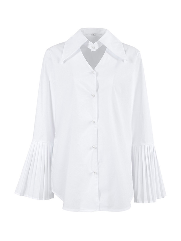 ✨Split-Joint Solid Pleated Hollow Button Lapel Long Sleeve Blouse✨