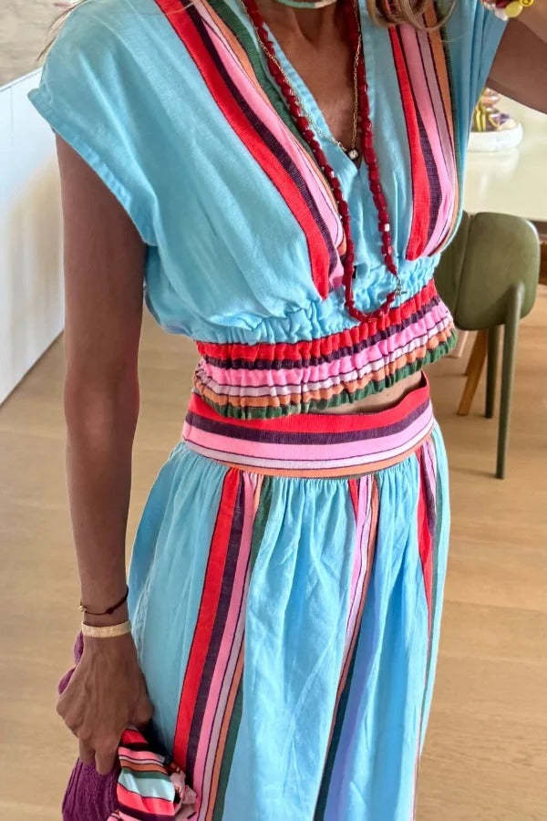 ✨Striped V-Neck Cropped Top & Elastic Waist Maxi Skirt Set✨