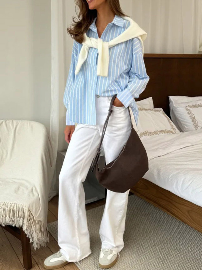 ✨Striped Split-Joint Contrast Button Lapel Long Sleeve Blouse✨