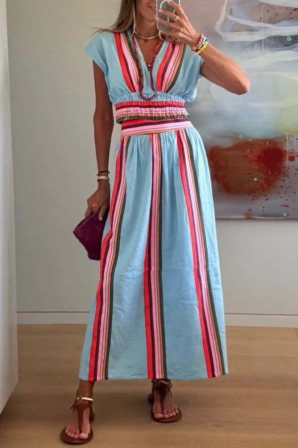 ✨Striped V-Neck Cropped Top & Elastic Waist Maxi Skirt Set✨