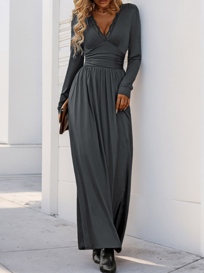 ✨Split-Side Solid Pleated V-Neck A-Line Maxi Dress✨