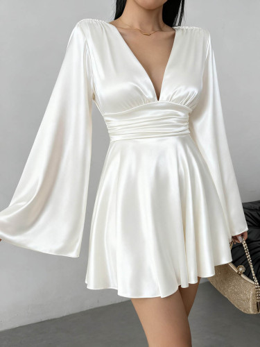 ✨Solid Color Long Sleeve Deep V-Neck Mini Dress✨
