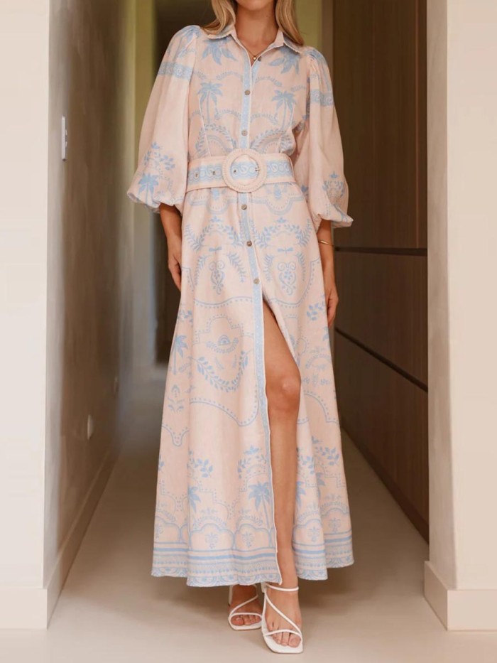 ✨Contrast Print Split Belted Puff Sleeve Shirt Maxi Dress✨