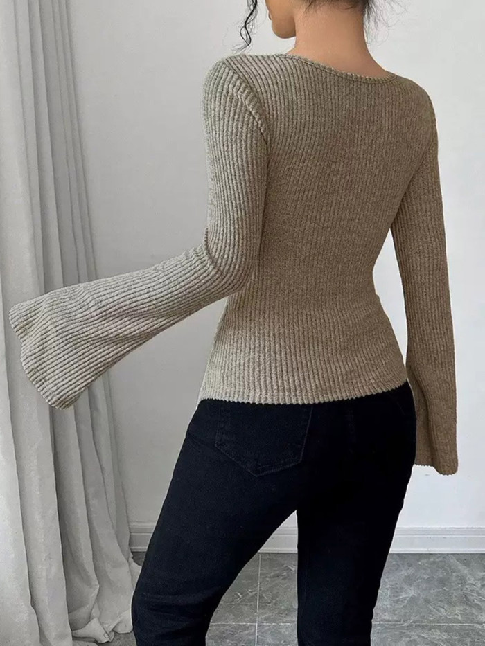 ✨Solid Ribbed Knit Pleated Irregular Mock Neck Long Sleeve Top✨