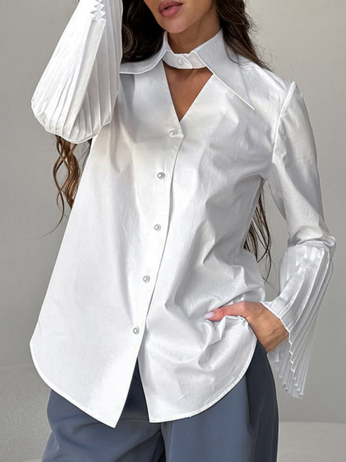 ✨Split-Joint Solid Pleated Hollow Button Lapel Long Sleeve Blouse✨