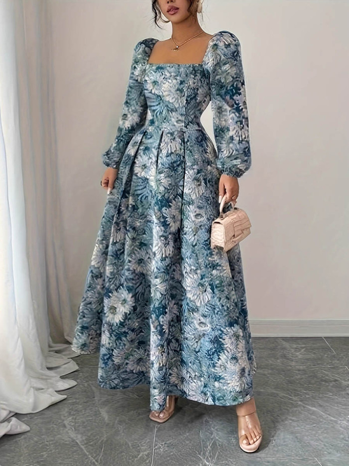 ✨Split-Joint Pleated Floral Contrast Puff Sleeve Maxi Dress✨