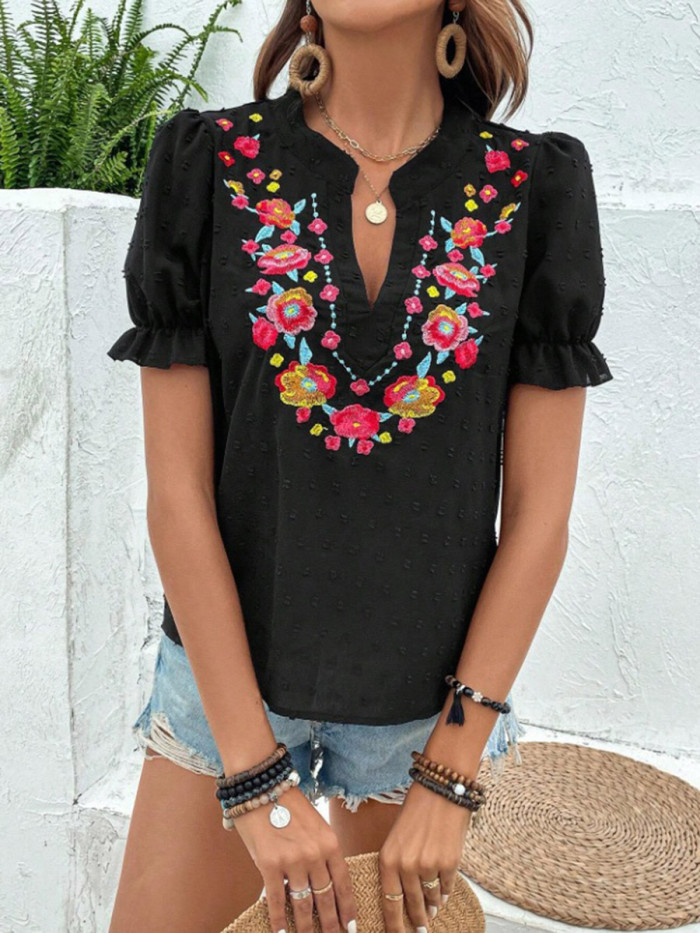 ✨Split-Joint Contrast Jacquard Flower Embellished Puff Sleeve V Neck Tee✨