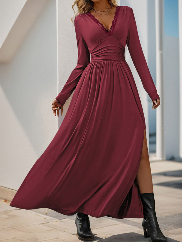 ✨Split-Side Solid Pleated V-Neck A-Line Maxi Dress✨
