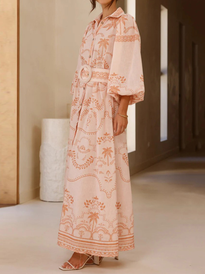 ✨Contrast Print Split Belted Puff Sleeve Shirt Maxi Dress✨