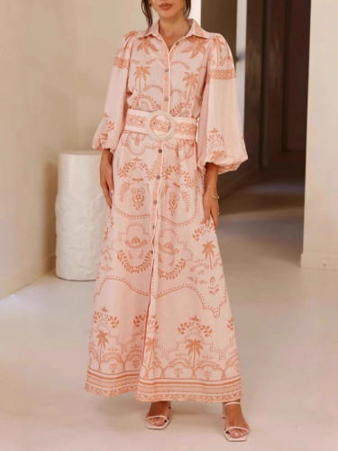✨Contrast Print Split Belted Puff Sleeve Shirt Maxi Dress✨