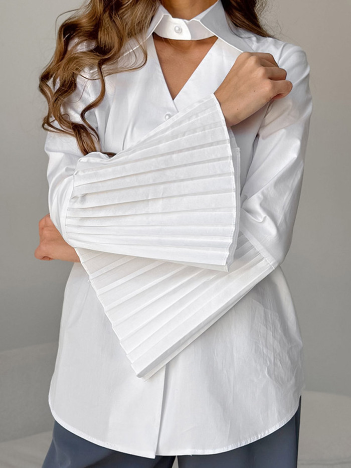 ✨Split-Joint Solid Pleated Hollow Button Lapel Long Sleeve Blouse✨
