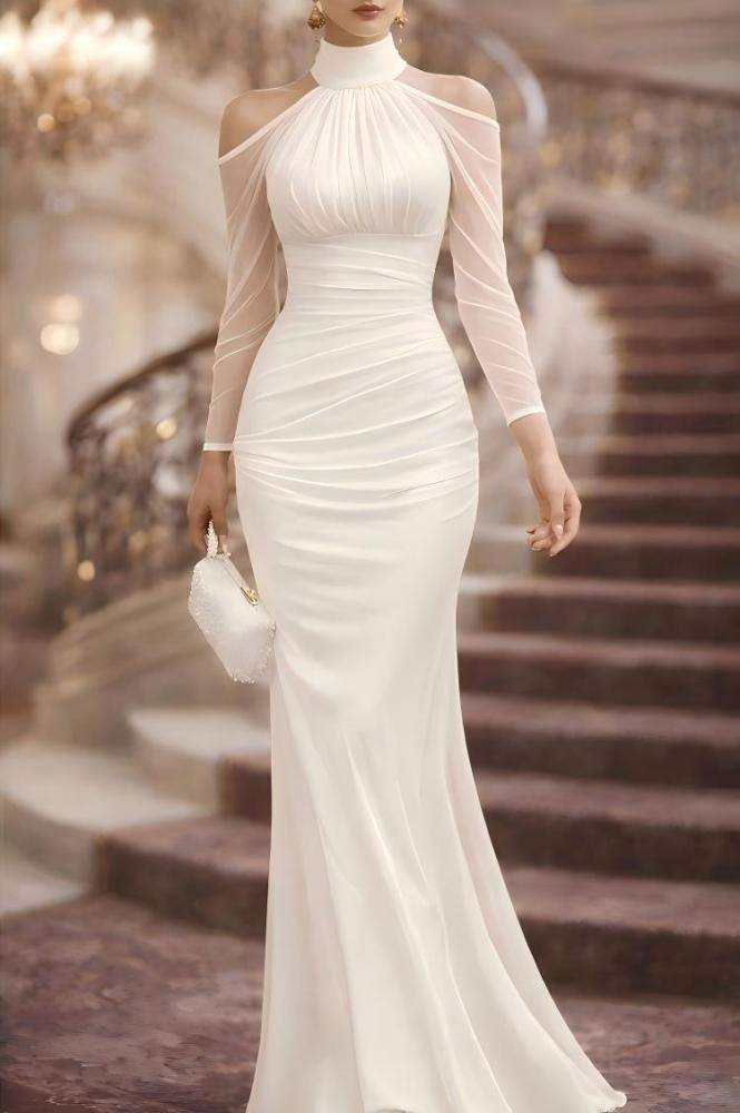 ✨Solid Color Sheer Pleated Mock Neck Maxi Dress✨