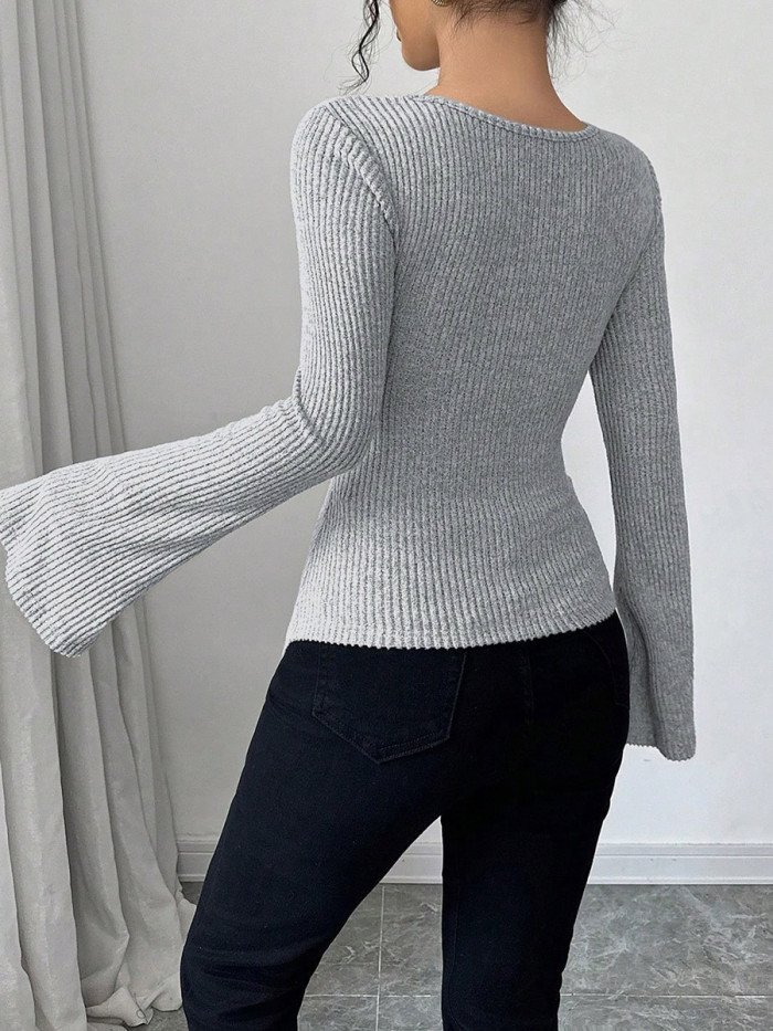 ✨Solid Ribbed Knit Pleated Irregular Mock Neck Long Sleeve Top✨