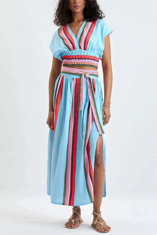 ✨Striped V-Neck Cropped Top & Elastic Waist Maxi Skirt Set✨