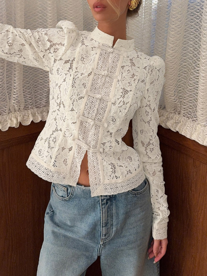 ✨Split-Joint Solid Knot Hollow Crochet Stand Collar Long Sleeve Blouse✨