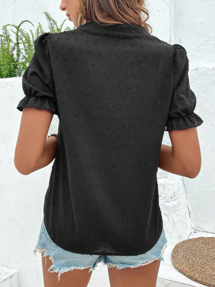 ✨Split-Joint Contrast Jacquard Flower Embellished Puff Sleeve V Neck Tee✨