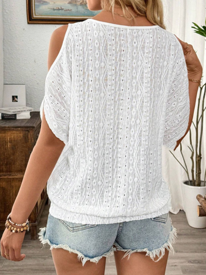 ✨Textured Split-Joint Solid Cold Shoulder Short Sleeve Tee✨