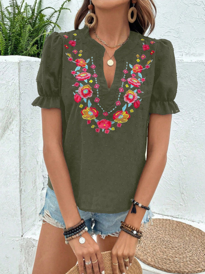 ✨Split-Joint Contrast Jacquard Flower Embellished Puff Sleeve V Neck Tee✨