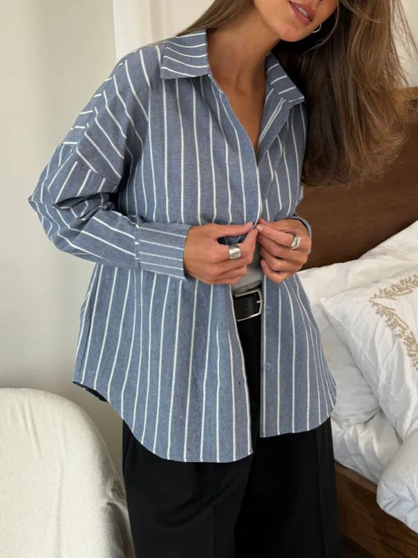 ✨Striped Split-Joint Contrast Button Lapel Long Sleeve Blouse✨